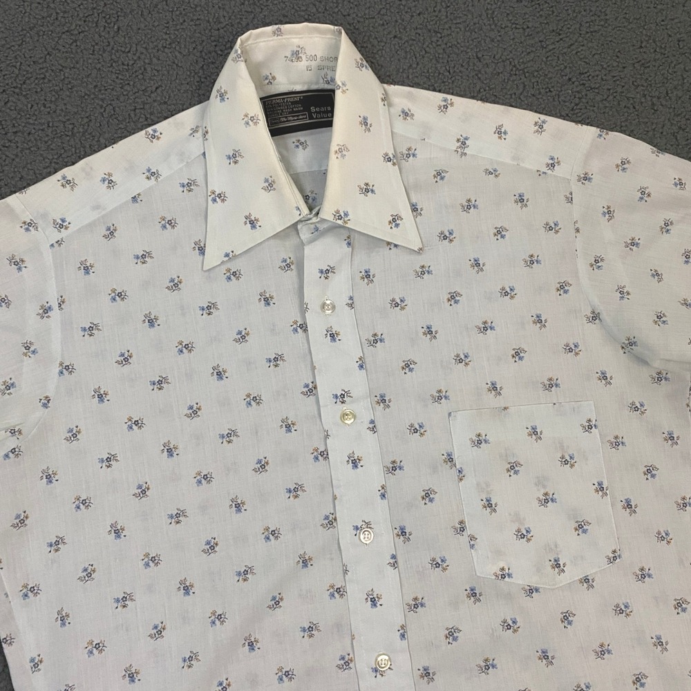 Sears Shirt Mens 15 White Floral Perma-Prest Vintage 70s Retro Button Up